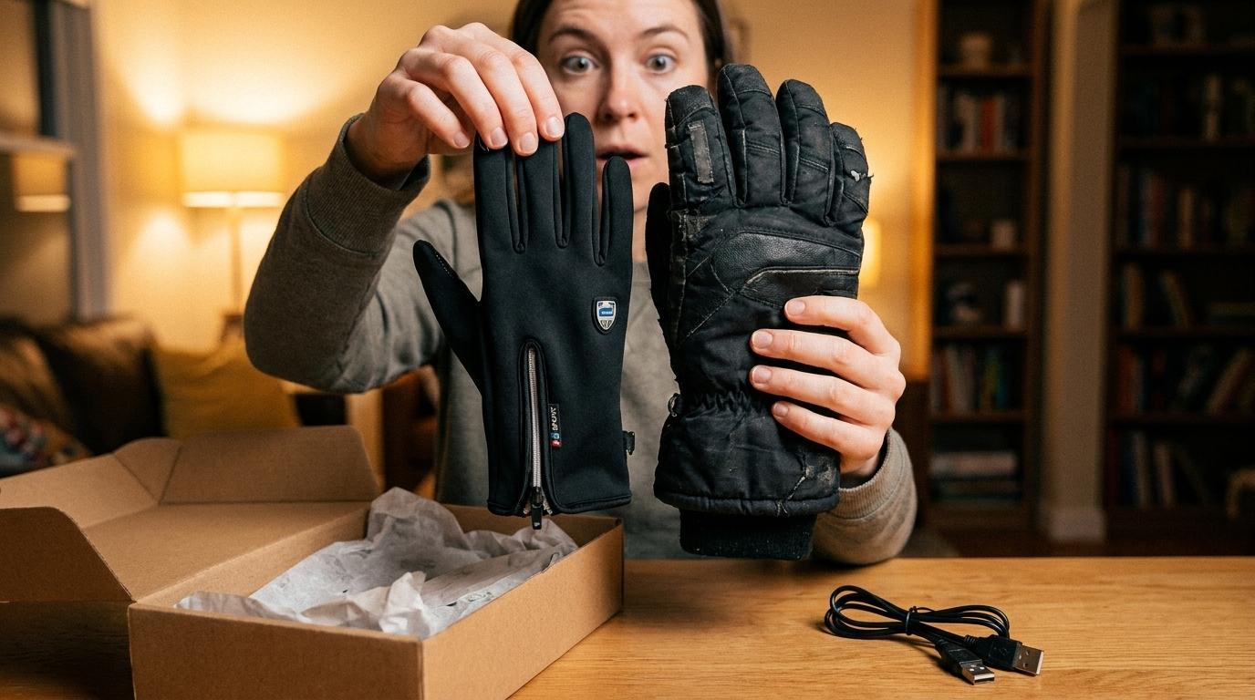 Zufriedene Testerin mit dünnen beheizten Handschuhen