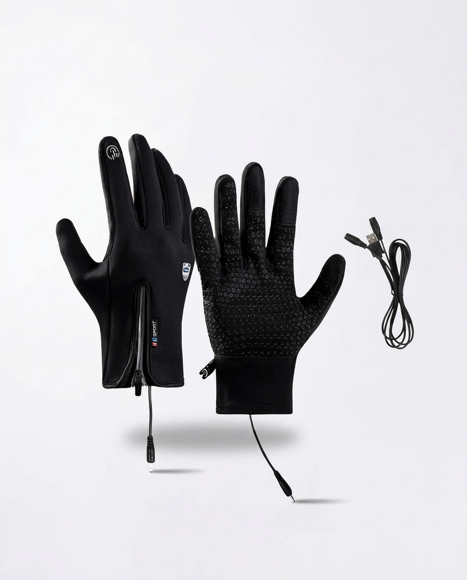 Dünne schwarze beheizte Handschuhe mit USB-Kabel